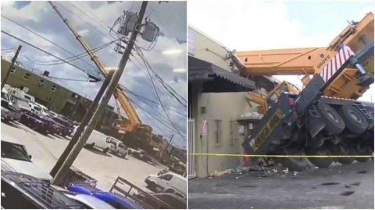 Una grúa se derrumba sobre un almacén en Hialeah