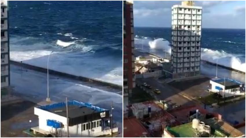 Fuertes olas en el Malecón de La Habana tras la llegada de un frente frío