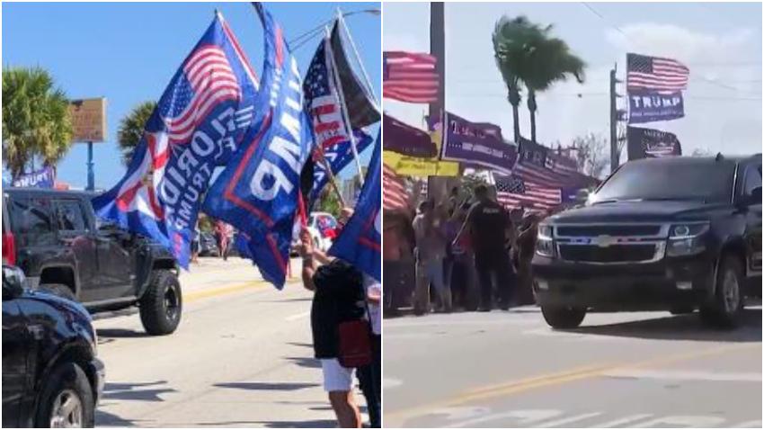 Donald Trump se pasea en frente de una multitud de sus seguidores en West Palm Beach, Florida