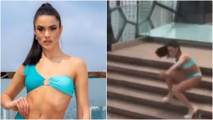 Modelo cubana tropieza en las escaleras durante pasarela de traje de baño en el concurso Miss Grand International