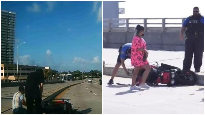 Cámara de un auto captura el momento en que un Mustang golpea a un motociclista en Miami y se da a la fuga