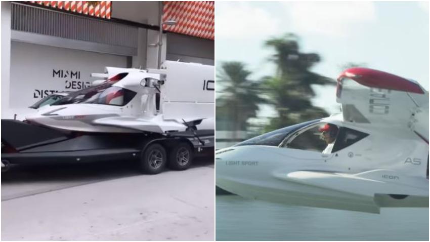 Pequeño avión parecido a un "Auto volador" es transportado por las calles de Miami