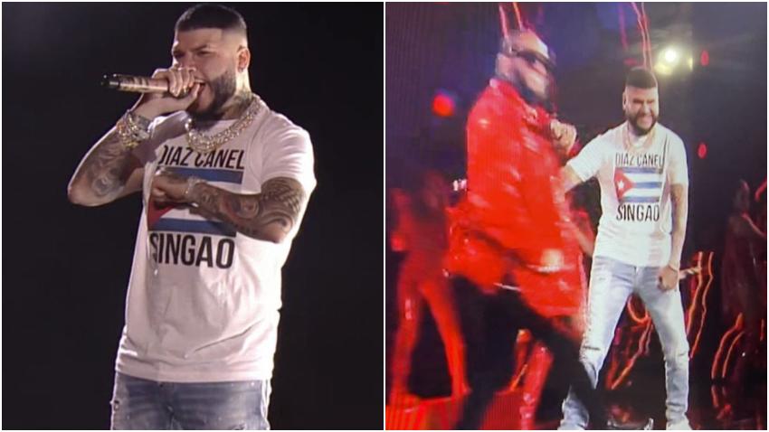 Farruko actúa en los  Premios Juventud con una camiseta que decía "Díaz Canel Sin..."
