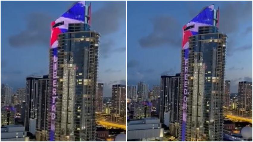 Rascacielos en Miami se ilumina con la bandera de Cuba y la palabra Libertad en apoyo al reclamo de los cubanos por el fin de la dictadura