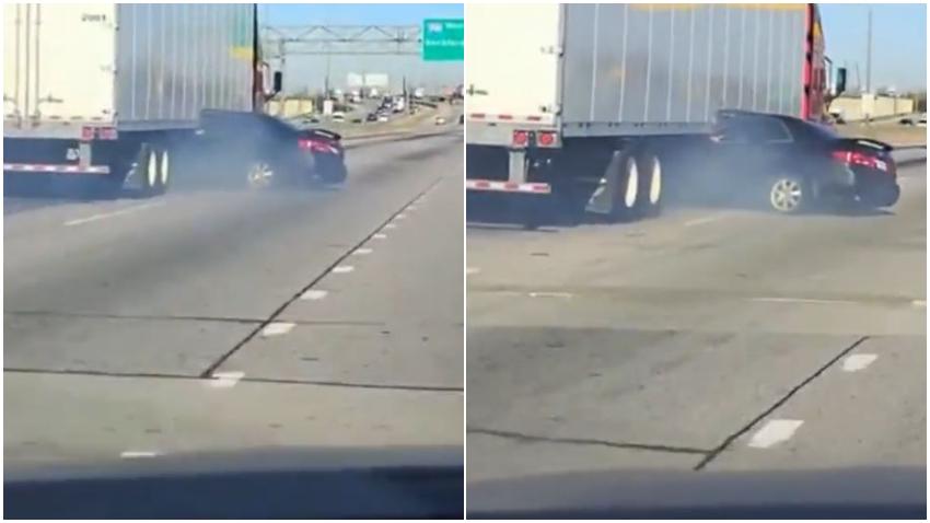 Captan en cámara como camión con remolque arrastra a un auto en la autopista