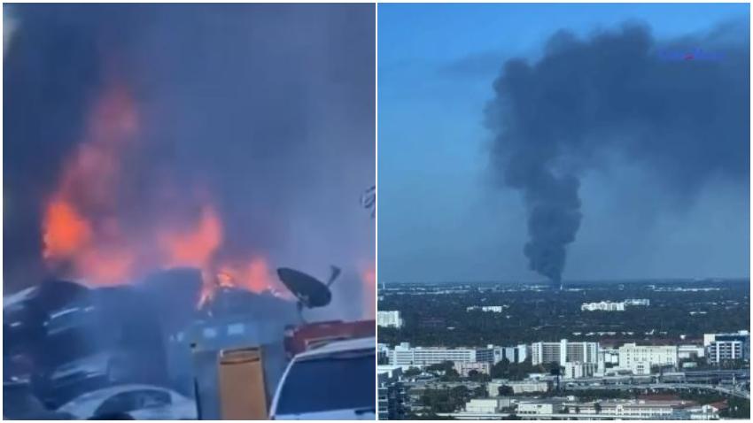 Enorme columna de humo sobre Miami tras incendio en  un depósito de chatarra
