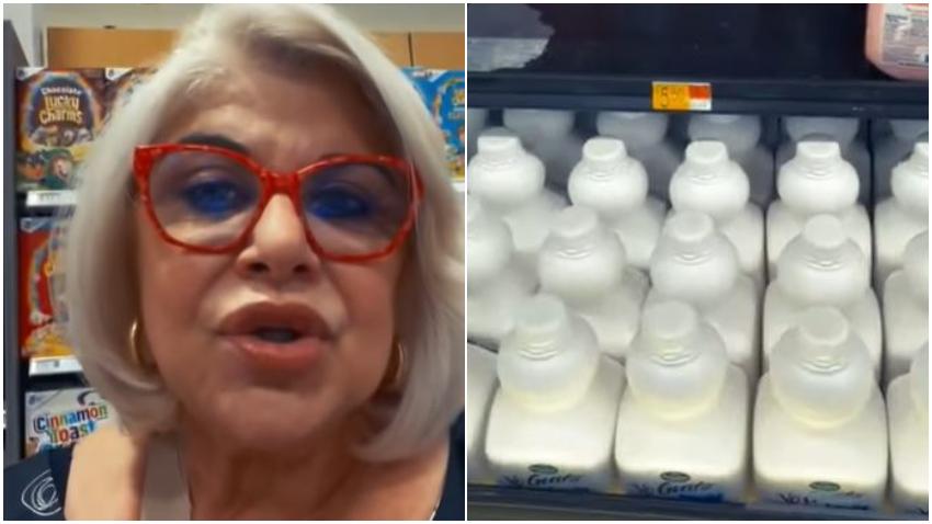Actriz cubana Susana Pérez contesta a la mesa redonda mostrando la gran variedad de leche en los mercados de Miami