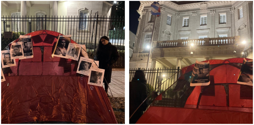Anamely Ramos monta una tienda de campaña afuera de la Embajada del régimen cubano en Washington, luego de que le llamaran a la policía