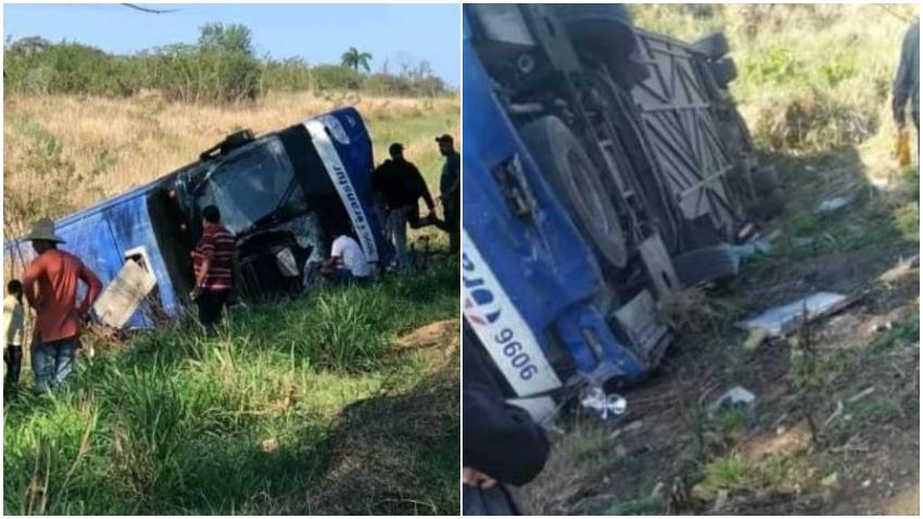 Ómnibus de transtur se precipita fuera de la carretera volcándose en la Autopista Nacional en Cienfuegos
