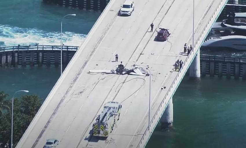 Impactante imagen desde un drone del avión que se estrelló contra un puente de Miami