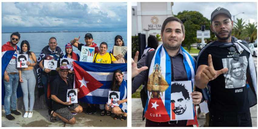 Exiliados cubanos se manifiestan en la Ermita de la Caridad en apoyo a LMOA y a Maykel Osorbo, quienes están siendo juzgados en La Habana