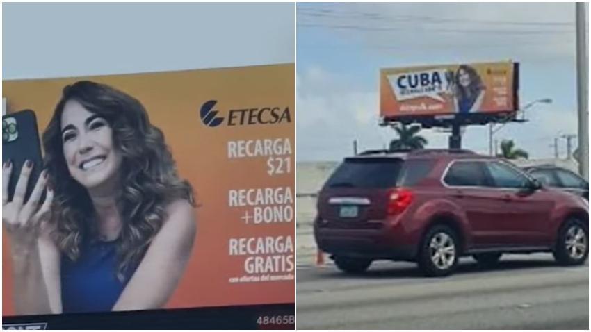 Publicidad de recargas a Cuba en autopista de Miami lleva el logo de ETECSA y la imagen de la actriz cubana Tahimi Alvariño