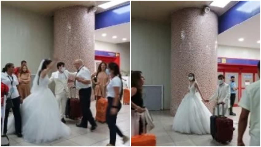 Pareja vestidos de novios aterrizan en La Habana desde Madrid Pareja vestidos de novios aterrizan en La Habana desde Madrid