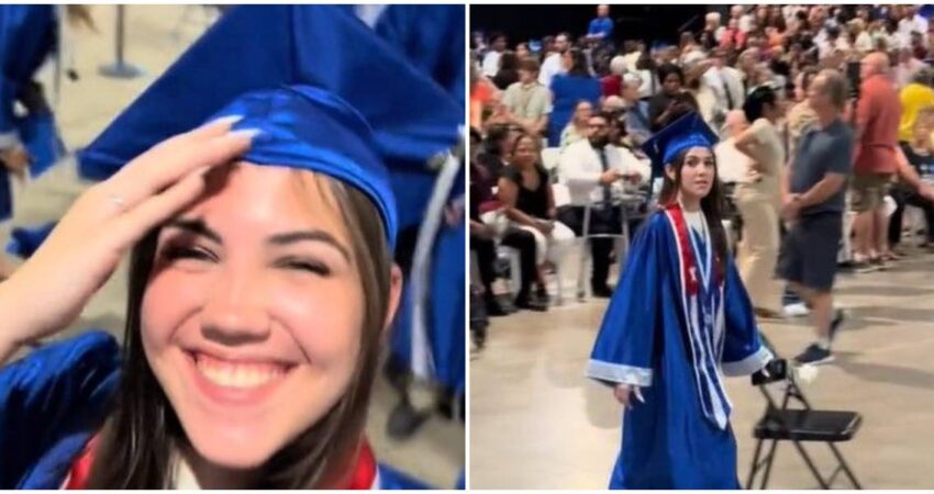 Colman de elogios a joven cubana residente en EE.UU que asiste a su graduación luciendo una banda con la bandera de Cuba cubana-bandera