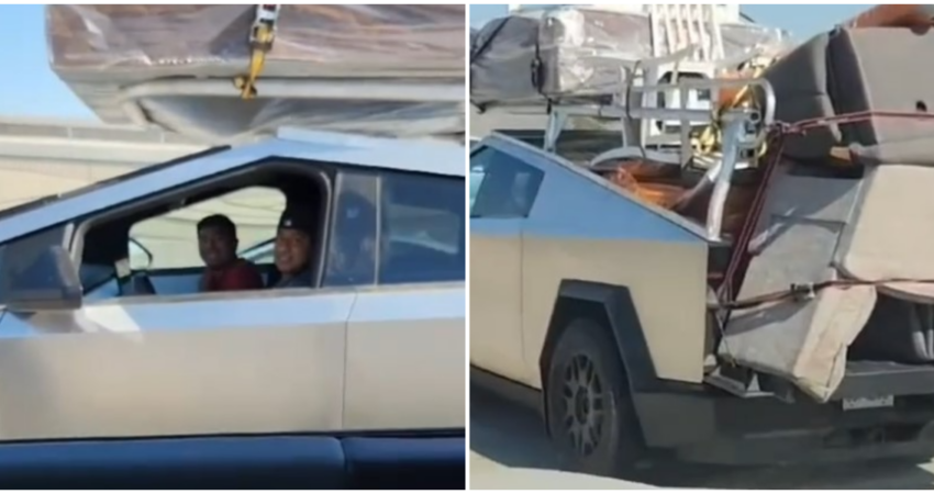 Auto Cybertruck de Tesla en acción realizando una mudanza con muebles cybertruck-mudanza