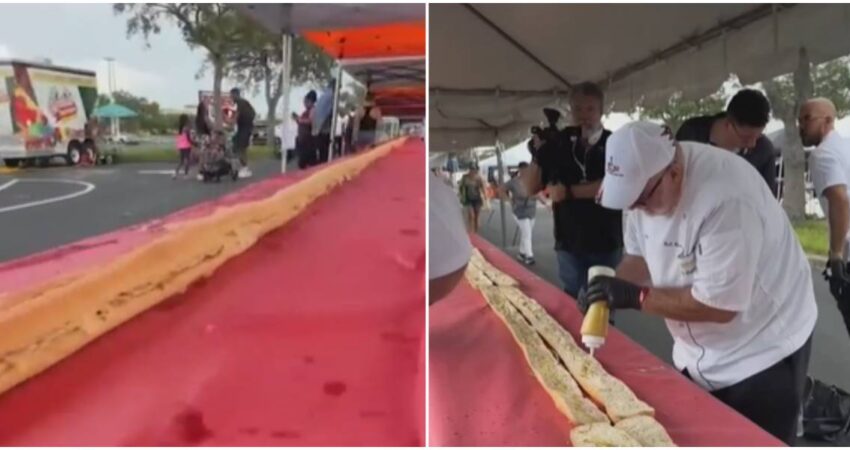 Integrantes de un refugio de Tampa reciben una donación de un sándwich cubano de 366 pies de longitud sandwich-cubano-record-donacion-a-necesitados-en-Tampa