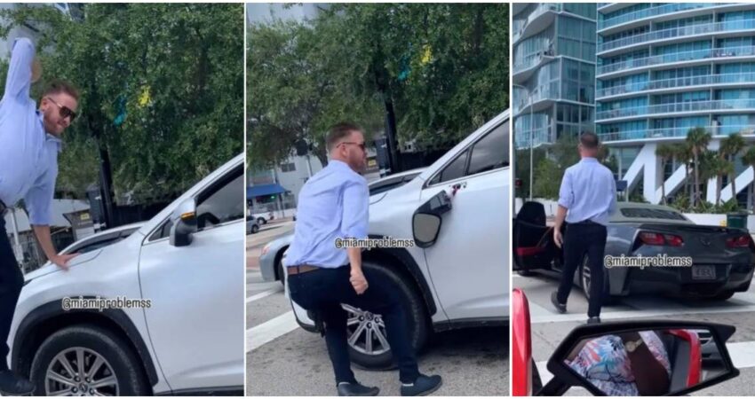 Hombre se molesta en una parada de tráfico en el Downtown de Miami y protagoniza una extraña reacción trafico-problema-miami