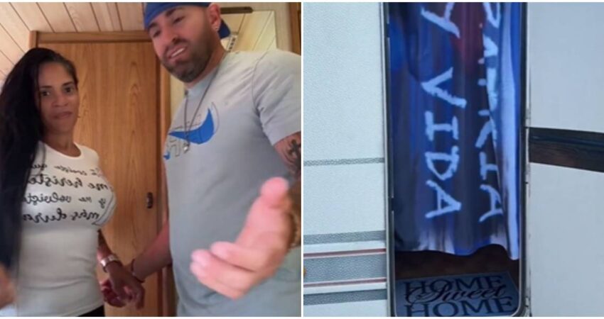 Cubano residente en Alemania compra una casa rodante y le pone en su entrada la bandera cubana con la frase "Patria y Vida" casa rodante-cubanos en Alemania