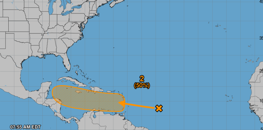 Tres ondas tropicales vigiladas por el Centro Nacional de Huracanes, por probabilidad de desarrollo mapa