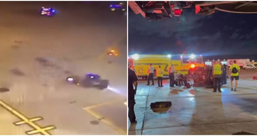 Vehículo del Aeropuerto Internacional de Miami termina volcado en la pista tras colisionar con un calzo para ruedas de avión accidente de vehículo en el MIA-hombre herido