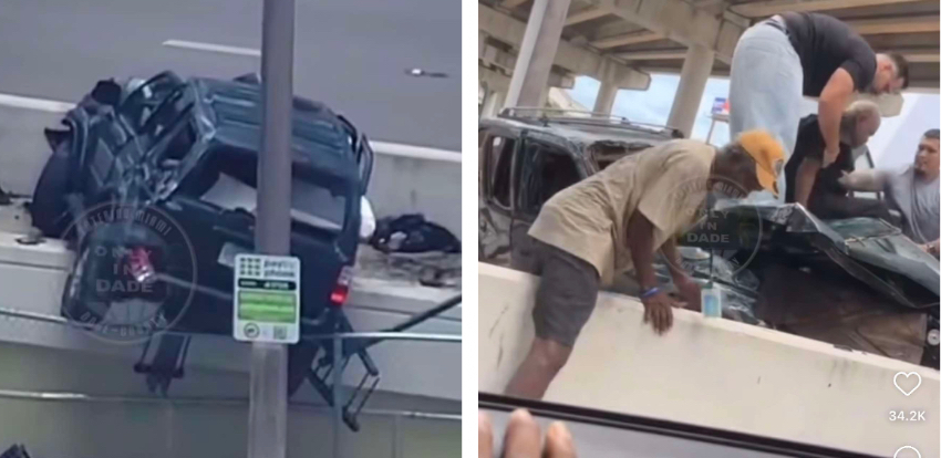 Conductor sobrevive a un impactante accidente en la I-95 en Miami, y buenos samaritanos lo ayudan a salir del auto crash