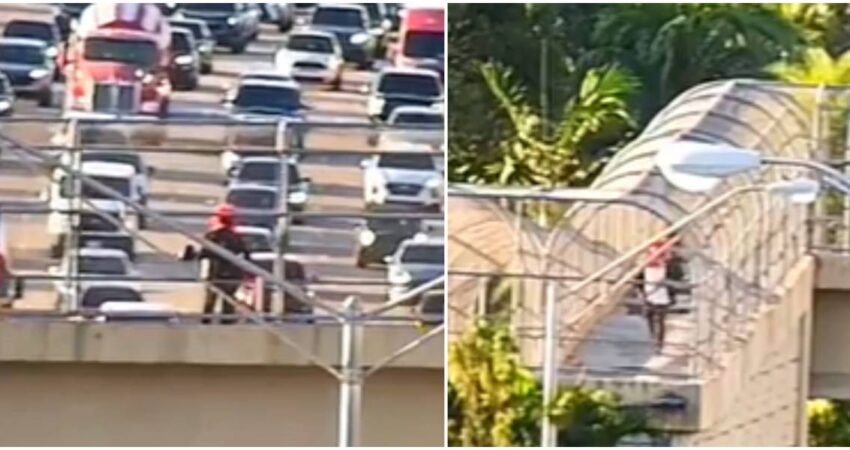 Hombre disfrazado de payaso con un mazo en sus manos se para en un puente peatonal ubicado encima de la autopista Palmetto y genera preocupaciรณn hombre en puente-asusta a conductores de Florida