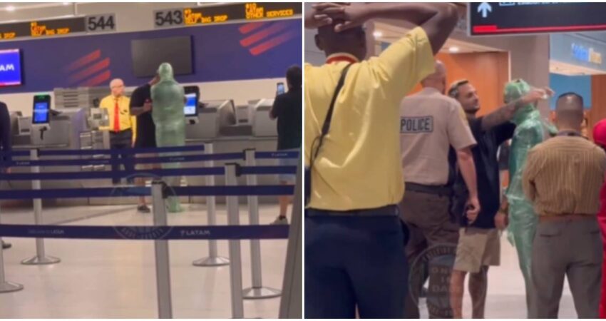Captan en cámara a hombre envuelto en cinta adhesiva para pasar como equipaje en un vuelo de LATAM en Miami videos chistosos-aeropuerto de Miami