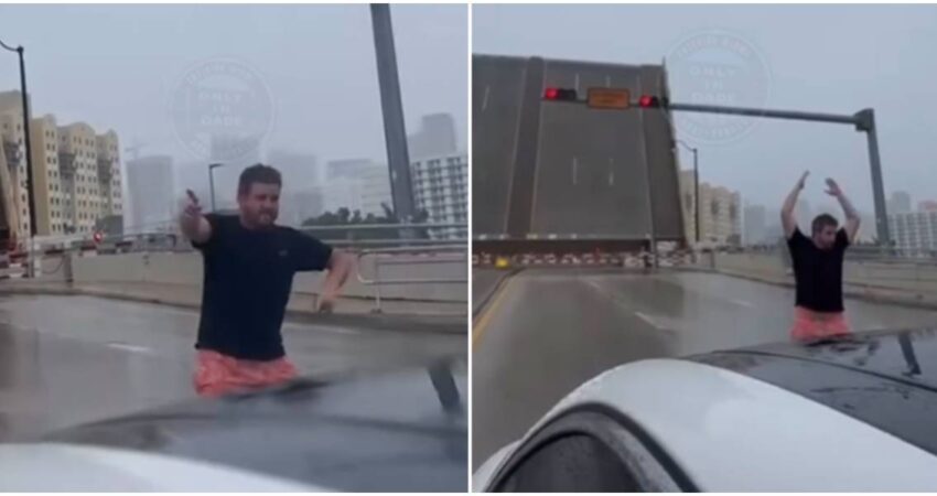 Captan en cámara divertida momento que protagonizaron conductores en puente levadizo de Miami puente levadizo-hombre