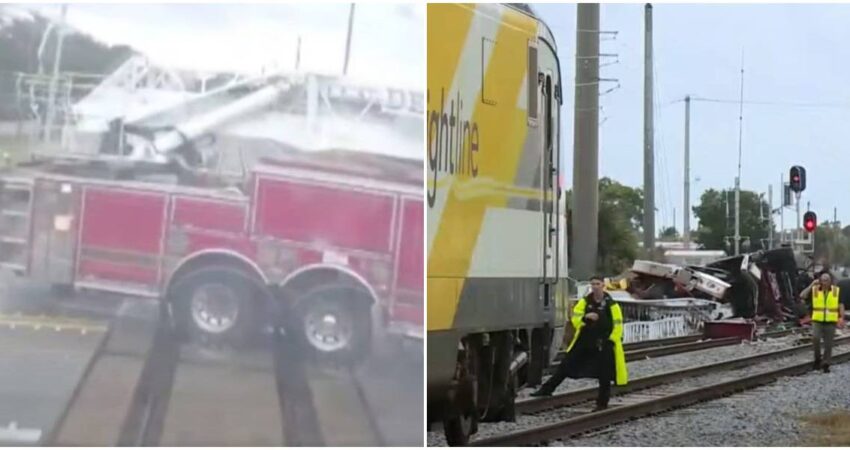 En camara momento en que tren Brightline impacta un camión de bomberos en el Sur de la Florida accidente-brightine