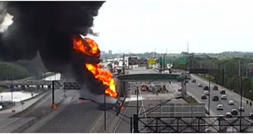 Camión cisterna se incendia tras chocar contra un autobús en la I-595 en el Sur de Florida Incendio-accidentes de tránsito