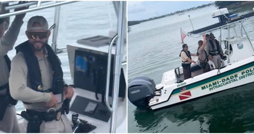 Divertido encuentro de oficiales de policía de Miami y un grupo de latinas de fiesta en un bote: "Te atraparé bandido" Policía de Miami-Dade (1)