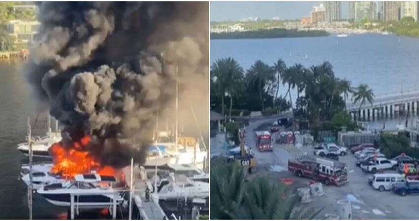 Bomberos de Miami extinguen fuego en dos embarcaciones de un puerto deportivo incendio de botes en Miami-Bomberos de Miami