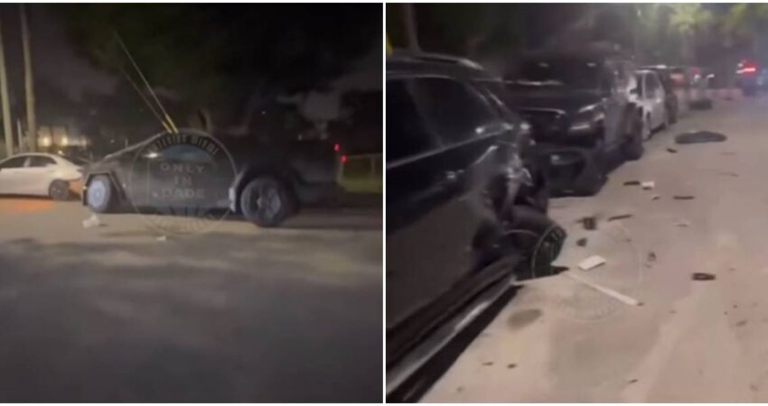 Conductor de Cybertruck pierde el control en una supuesta carrera e impacta violentamente contra nueve vehículos en Miami Cybertruck-choque en Miami