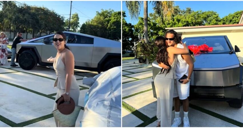 Cubana se emociona al recibir un Tesla Cybertruck que le regaló su pareja cubana en EE.UU-pareja