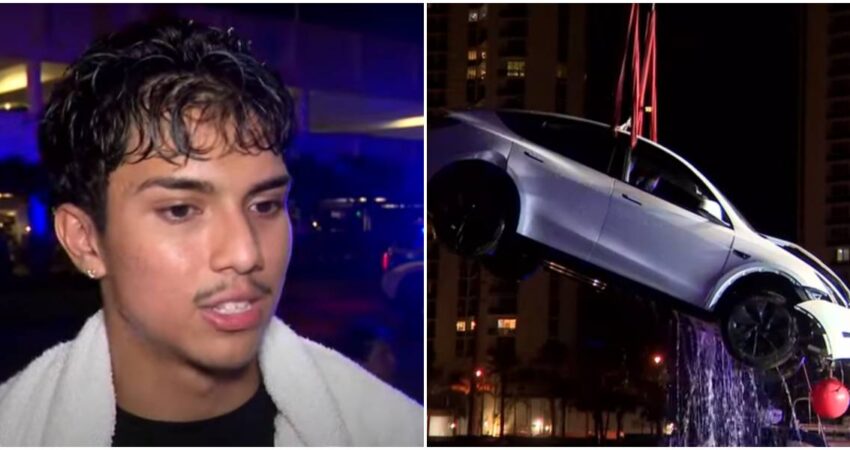 Buen samaritano salva a una pareja que cayó a Sunny Isles Beach en un auto Tesla joven-Tesla rescatado