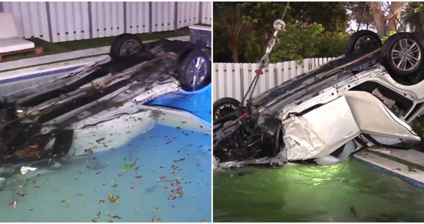 Automóvil termina volcado dentro de la piscina de una vivienda en Pembroke Pines después que su conductor se quedara dormido al volante auto volcado en una piscina