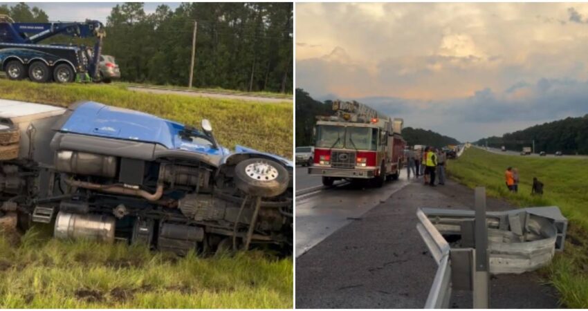 Camionero cubano evita tragedia en una autopista de EE. UU. tras maniobra de emergencia durante fuerte aguacero camión volcado-equipo de emergencia