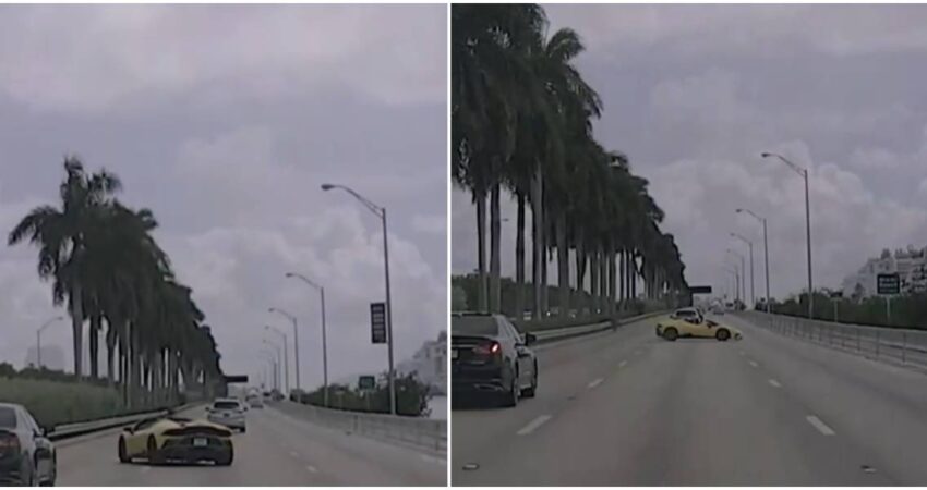 ¡Escalofriante!: conductor realiza maniobra irresponsable y pierde el control de un Lamborghini que termina impactando con ambos bordes de la MacArthur Causeway accidente de auto