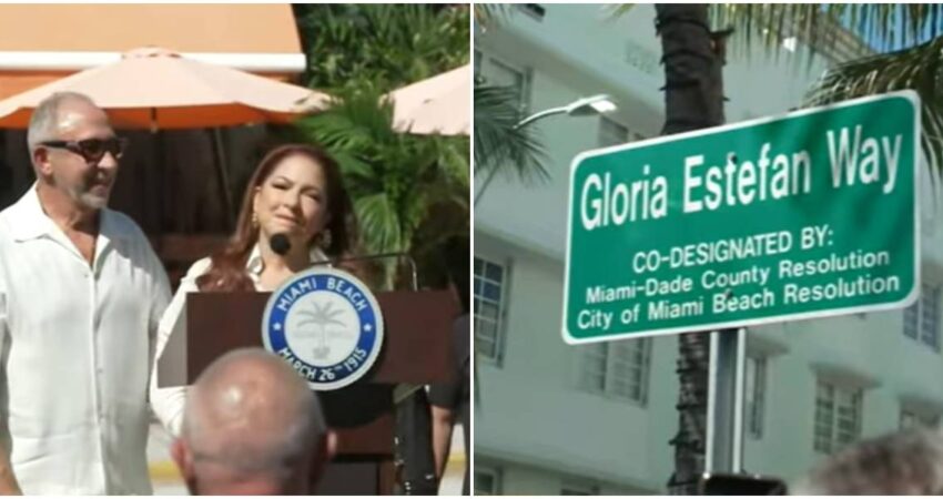 Ciudad de Miami rinde homenaje a Gloria Estefan con la 'Gloria Estefan Way', una calle frente a su Hotel Cardozo en Miami Beach Emilio y Gloria Estefan