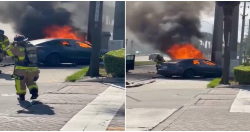 “No pudimos sacarlo”: impactantes imágenes del Tesla que se incendió con su conductor atrapado Tesla incendiado