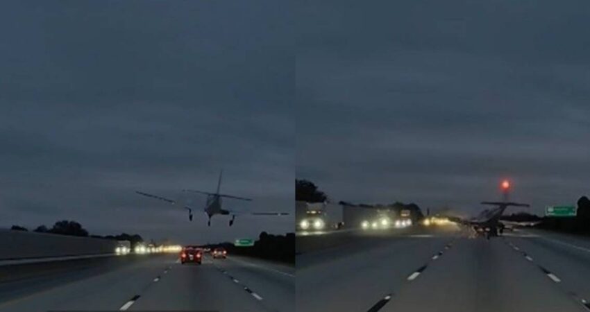 En cámara como avión aterriza en autopista I-95 en Florida avion-florida