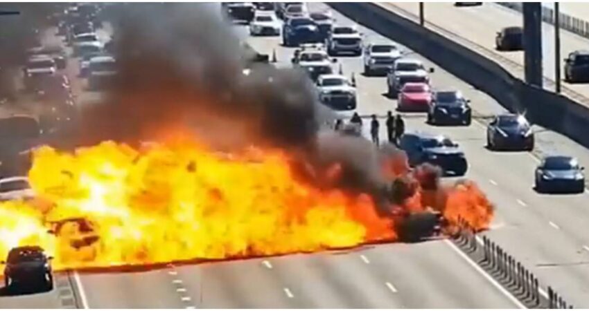 Momentos de terror en la I-95: vehículo estalla en llamas y obliga a cerrar la autopista en Pompano Beach explosión de un auto