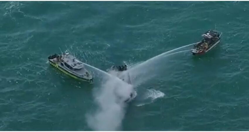 Momentos de tensión en Miami Beach: embarcación queda envuelta en llamas frente a la costa y desata una dramática operación de rescate incendio de lancha
