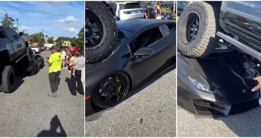 ¿Cómo pasó esto?: conductor sobrevive después que una pickup terminara encima de su Lamborghini de 250 mil dólares en Florida choque de autos