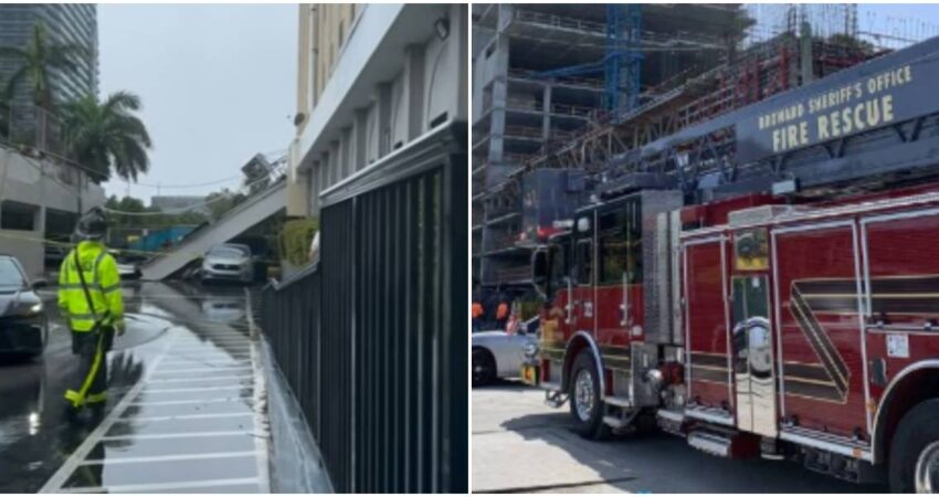 Se desploma parcialmente estructura de un edificio en Hallandale Beach y cae encima de dos autos sin reportarse heridos derrumbe-Bomberos de Broward