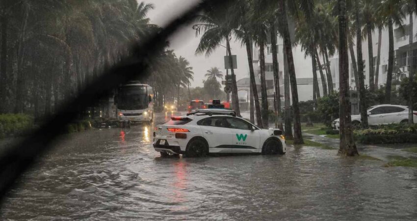 Vehículo autónomo queda detenido en una calle inundada de Miami y el video se vuelve viral waymo