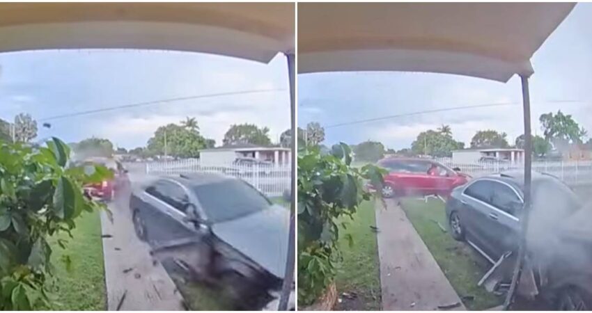 Impactante video de vigilancia captó el momento en que un vehículo se salió de la vía y terminó incrustándose en una vivienda del condado de Miami-Dade accidente de tránsito (4)