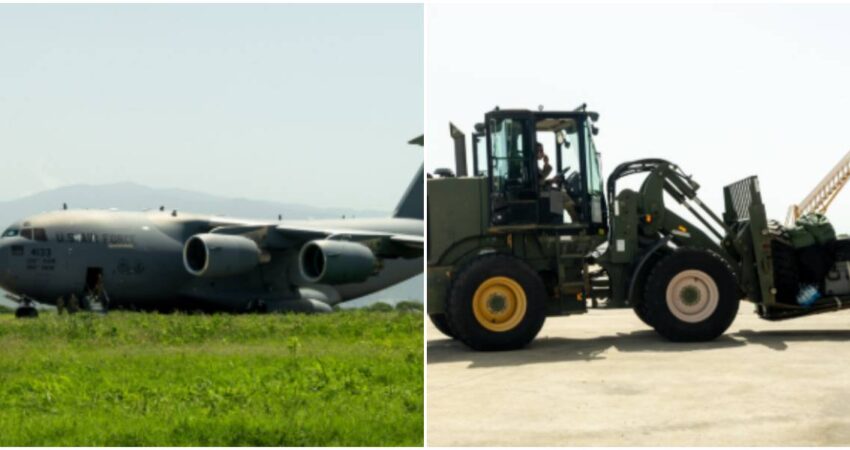 Primer avión militar de EE.UU. aterriza en Venezuela tras los terremotos: rescatistas de élite entran en acción avión militar-excabadora