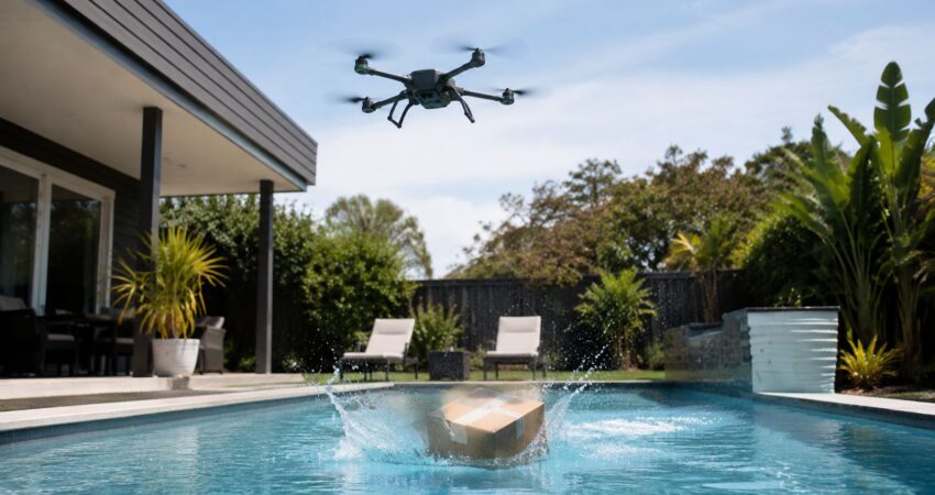 Mujer prueba por primera vez la entrega de Amazon por dron y su paquete termina en la piscina Dron entregando paquete