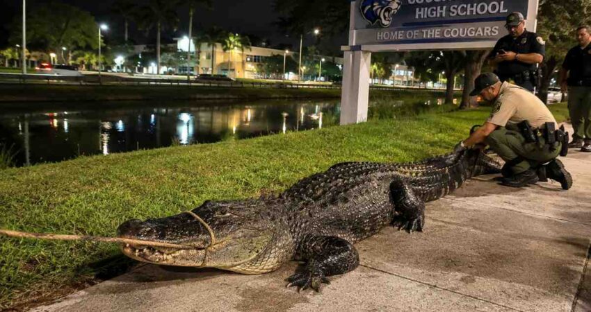 Enorme caimรกn de mรกs de 300 libras aparece junto a una escuela del sur de Florida caimanmiami
